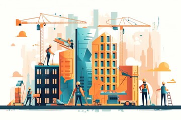 Poster - A Group Of People Standing On Top Of A Tall Building Under Construction Construction Equipment Yard Constructivism Construction Management Generative AI 