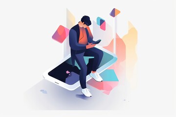 Poster - A Man Sitting On A Phone With A Phone In His Hand Library Graphic Design Mobile App Development Generative AI 