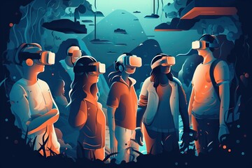 Poster - A Group Of People Wearing Virtual Headsets Standing In A Cave Kelp Forest Stereoscopic Photography Virtual Reality
