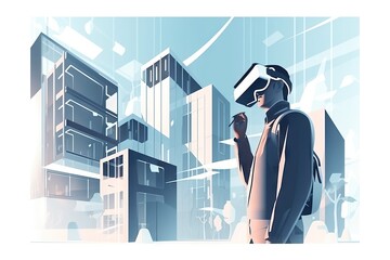 Poster - A Man In A Suit And A Virtual Reality Headset Standing In Front Of A City Modern Urban Skyline Stereoscopic Photography Virtual Reality Generative AI 