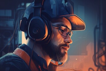 Poster - A Man Wearing Headphones And A Hat In A Room With A Computer Factory Digital Art Digital Illustration