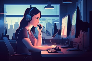 Poster - A Woman Sitting At A Computer With Headphones On And A Microphone Radio Station Graphic Design Vector Art Generative AI 