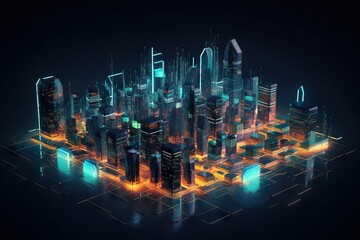 Poster - A Futuristic City With Neon Lights And A Dark Background With A Grid Modern City Skyline At Night Animation Motion Graphics Generative AI 