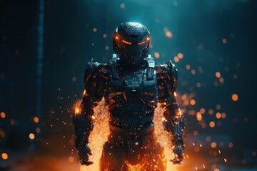 Poster - A Man In A Futuristic Suit Standing In A Dark Room With Bright Lights Arcade Animation Artificial Intelligence