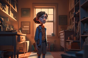 Poster - A Cartoon Girl Standing In A Room With A Window And A Desk Classroom Animation Animation Filmmaking