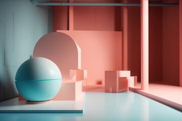 Poster - A Blue Ball Sitting On Top Of A White Table Next To A White Vase Warehouse Animation Motion Graphics