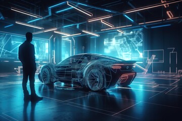 Poster - A Man Standing In Front Of A Futuristic Car In A Dark Room Car Dealership Animation Motion Graphics