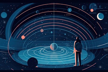 Poster - A Man Standing In Front Of A Space Filled With Planets And Stars Lunar Landscape Animation Astronomy Generative AI 