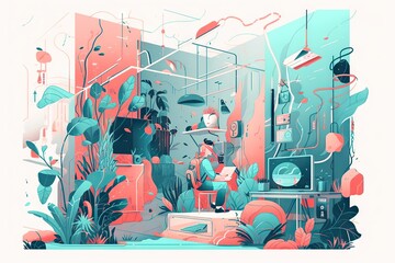 Poster - A Room With Plants And A Tv In It And A Person Sitting In A Chair Aquarium Graphic Design Television Production