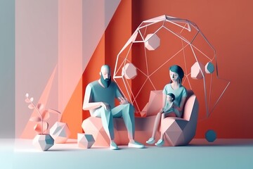 Poster - Two People Sitting On A Chair In Front Of A Geometric Object Tundra Animation Motion Graphics
