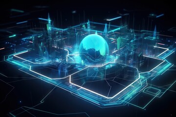 Poster - A Futuristic City With A Glowing Blue Sphere In The Center Of It Modern Urban Skyline Animation Motion Graphics