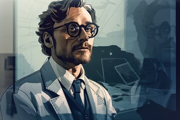 Poster - A Man With Glasses And A Tie In A Room With A Computer Hospital Digital Art Costume Design
