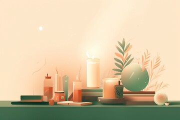Poster - A Table With Candles And A Plant On It With A Light Shining On The Wall Supermarket Animation Motion Graphics Generative AI 