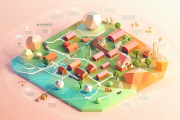 Fototapete - A Map Of A Small Town With A Lot Of Trees And Buildings Countryside Farmstead Environmental Art Infographic Design Generative AI 