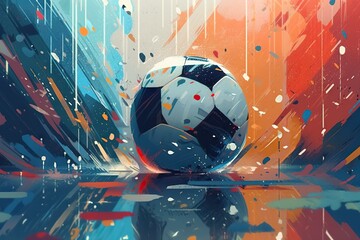 Poster - A Soccer Ball Is Shown In A Colorful Background With Splashes Soccer Field Color Field Painting Motion Graphics Generative AI 