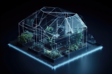 Poster - A House With Plants Inside Of It On A Black Background With A Blue Light Botanical Garden Greenhouse Advertising Photography Smart Homes Generative AI 
