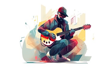 Poster - A Man Playing A Guitar With A Colorful Background Behind Him And A White Background Oasis Animation Motion Graphics Generative AI 