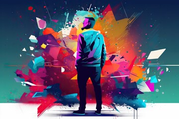Poster - A Man Standing In Front Of A Colorful Background With A Splash Of Paint Graffiti Wall Graffiti Art Motion Graphics