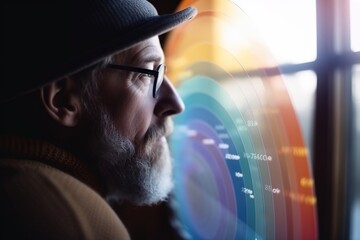 Poster - A Man With A Hat And Glasses Looking Out A Window At A Colorful Display Aquarium Long Exposure Photography Motion Graphics Generative AI 