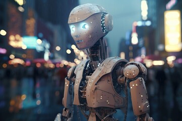 Poster - A Robot Standing In The Middle Of A City At Night With A Lot Of Lights City Street At Night Animation Robotics Engineering Generative AI 