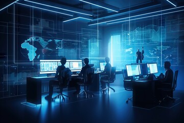 Poster - A Group Of People Sitting At Desks In A Room With Computers Conference Room Advertising Photography Cybersecurity Generative AI 