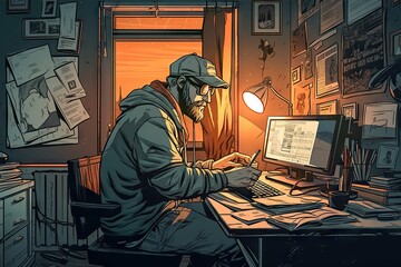 Poster - A Man Sitting At A Desk With A Computer And A Lamp Law Office Animation Animation Filmmaking Generative AI 