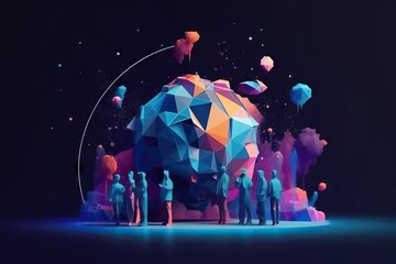 Poster - A Group Of People Standing In Front Of A Colorful Object With A Black Background Lunar Landscape Animation Motion Graphics Generative AI 
