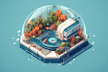 Poster - A Fish Pond With A Boat And A Fish In It Surrounded By Corals Aquarium Environmental Art Aquariums