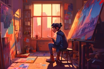 Poster - A Woman Sitting In A Room With A Painting On The Wall Abandoned Warehouse In The Evening Light Animation Animation Filmmaking Generative AI 