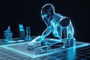 Poster - A Robot Is Sitting On A Blue Surface With A Futuristic Background Workshop Animation Robotics Engineering Generative AI 