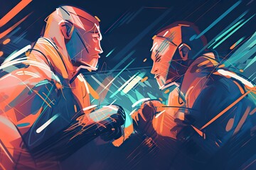Poster - Two Men Sitting Next To Each Other In A Room With Neon Lights Boxing Gym Animation Robotics