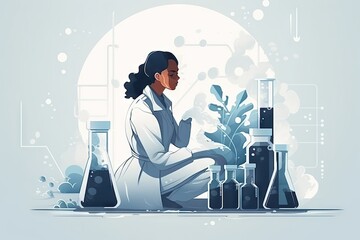 Poster - A Woman In A Lab Coat Sitting In Front Of A Table With Bottles And Plants Factory Environmental Art Science Writing Generative AI 