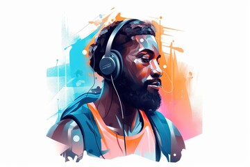 Poster - A Man With Headphones On His Ears And A Blue Shirt Radio Station Graphic Design Digital Illustration