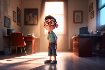 Poster - A Cartoon Boy With Glasses Standing In A Room With A Desk Classroom Animation Animation Filmmaking