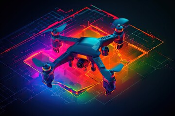 Poster - a colorful image of a flying object with a black background and a blue background construction site 