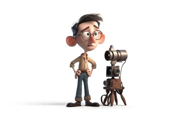 Poster - A Cartoon Man With Glasses And A Camera Next To Him Junkyard Photorealism Animation Filmmaking
