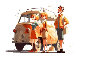 Poster - A Group Of People Standing Next To A Van With A Woman In A Dress Car Repair Shop Animation Group Travel Generative AI 