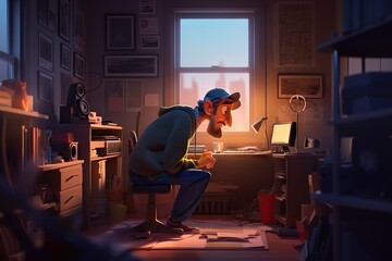 Poster - A Man Sitting In A Chair In A Room With A Desk Modern City At Dusk Animation Animation Filmmaking