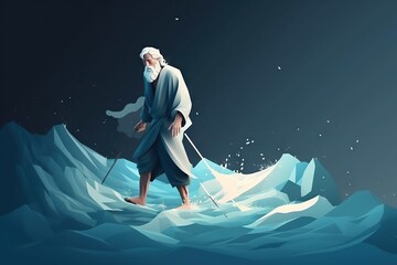 Poster - A Man In A Robe And A White Beard Is Walking Through The Water Nordic Ice Floe Animation Motion Graphics