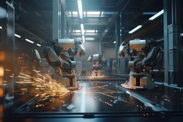 Poster - A Factory With Robots Working On A Piece Of Machinery With Sparks Factory Animation Robotics Engineering Generative AI 
