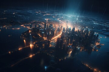 Poster - A City At Night With Lights And A Bright Beam Of Light Modern City Skyline At Night Time-lapse Photography Motion Graphics Generative AI 