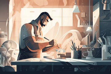 Poster - A Man Is Working On A Project In A Room With Many Objects Workshop Animation Motion Graphics