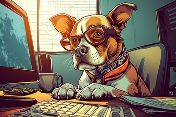 Poster - A Dog Wearing Glasses Sitting At A Computer Desk With A Keyboard Newsroom Graphic Design Entrepreneur