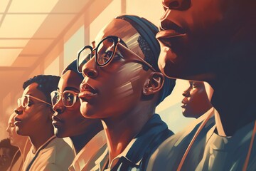 Poster - A Group Of People Standing Next To Each Other In Front Of A Window Classroom Photorealism Digital Illustration