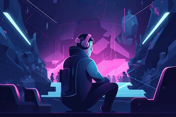 Poster - A Man Sitting In A Chair In A Futuristic Environment With Neon Lights Factory Animation Motion Graphics