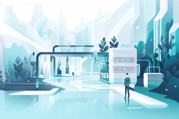 Poster - a man is walking through a futuristic city with a large white building aquarium environmental art en