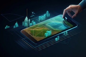 Poster - A Person Touching A Tablet With A City In The Background And A Hand Touching The Screen Lunar Landscape Aerial Photography Motion Graphics Generative AI 