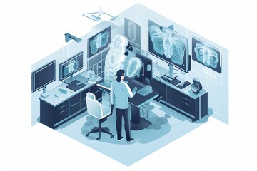 Poster - A Man Is Looking At A Computer Screen In A Room With Medical Equipment Hospital Advertising Photography Medical Imaging Generative AI 