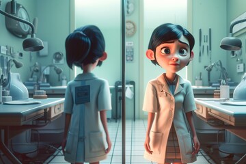 Poster - A Cartoon Girl Standing In Front Of A Mirror In A Bathroom Hospital Animation Animation Filmmaking