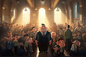 Poster - A Large Group Of People In A Building With A Man In A Suit Church Animation Animation Filmmaking Generative AI 